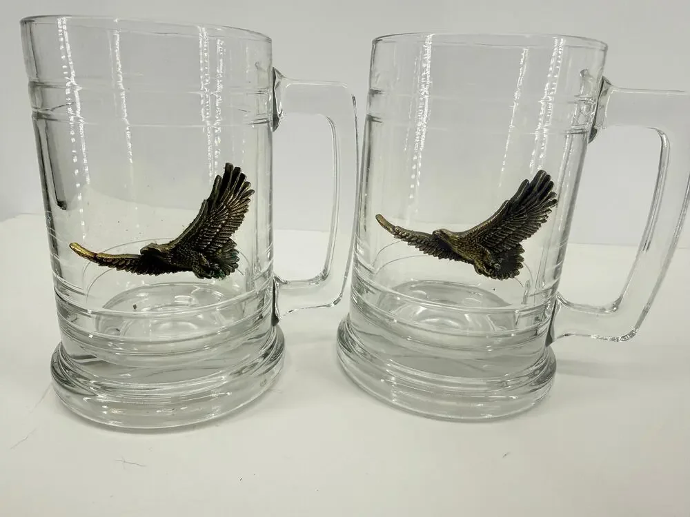 Vintage Glass Beer Steins Brass Eagle Emblems Patriotic Americana Barware Set 2